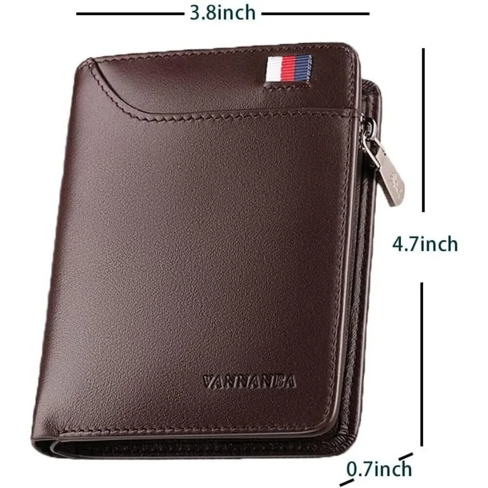 Men's Wallets Card Brown Genuine Leather Slim Front Zipper Coin Pocket Design